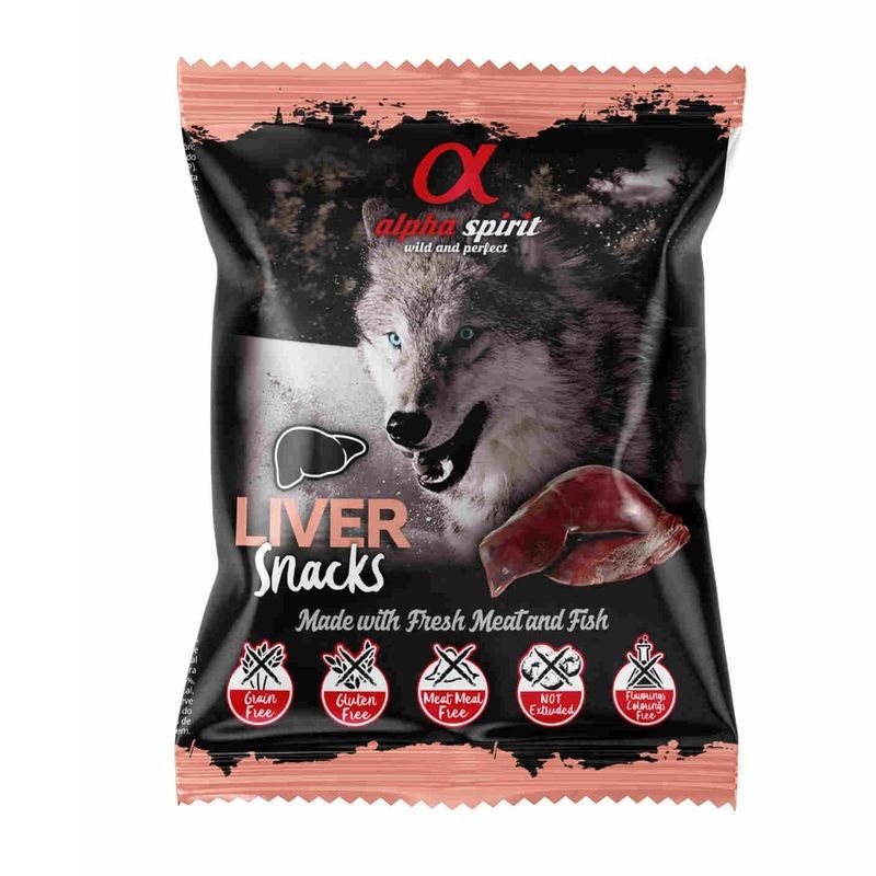 Alpha Spirit Snacks de Hígado perro (24 bolsas x 50g) Caja Expositora